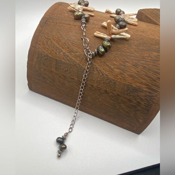 Natural Pearl Biwa Stick & Chocolate Necklace & Earring Set Boho Artsy Lagenlook - Picture 5 of 5